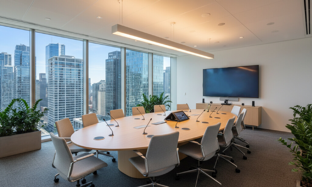 Modern corporate boardroom with integrated AV systems
