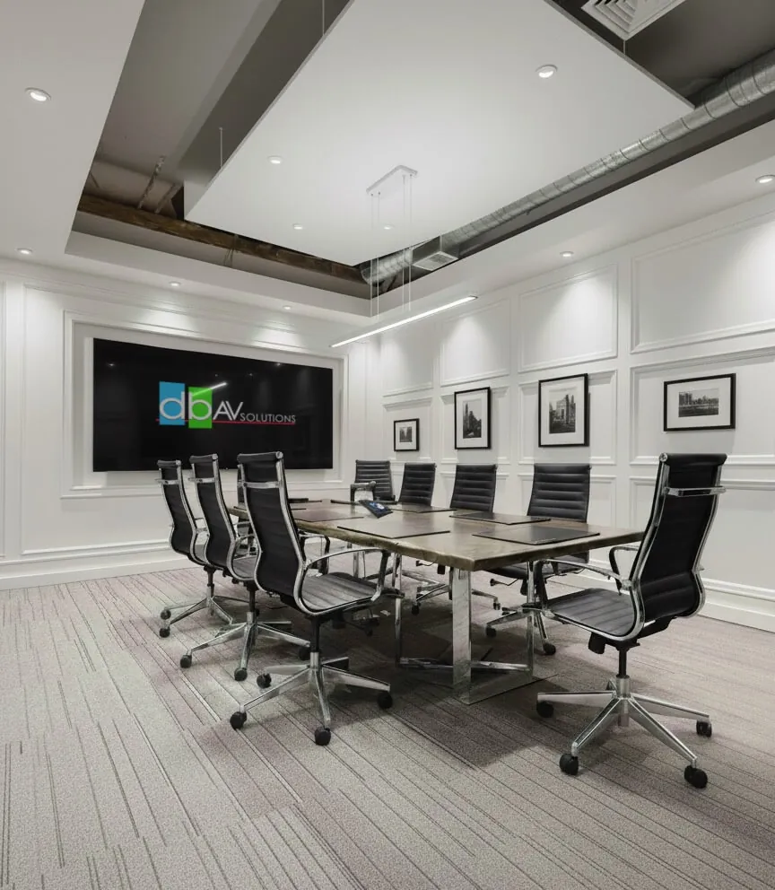 Professional meeting room with modern AV technology and clean design